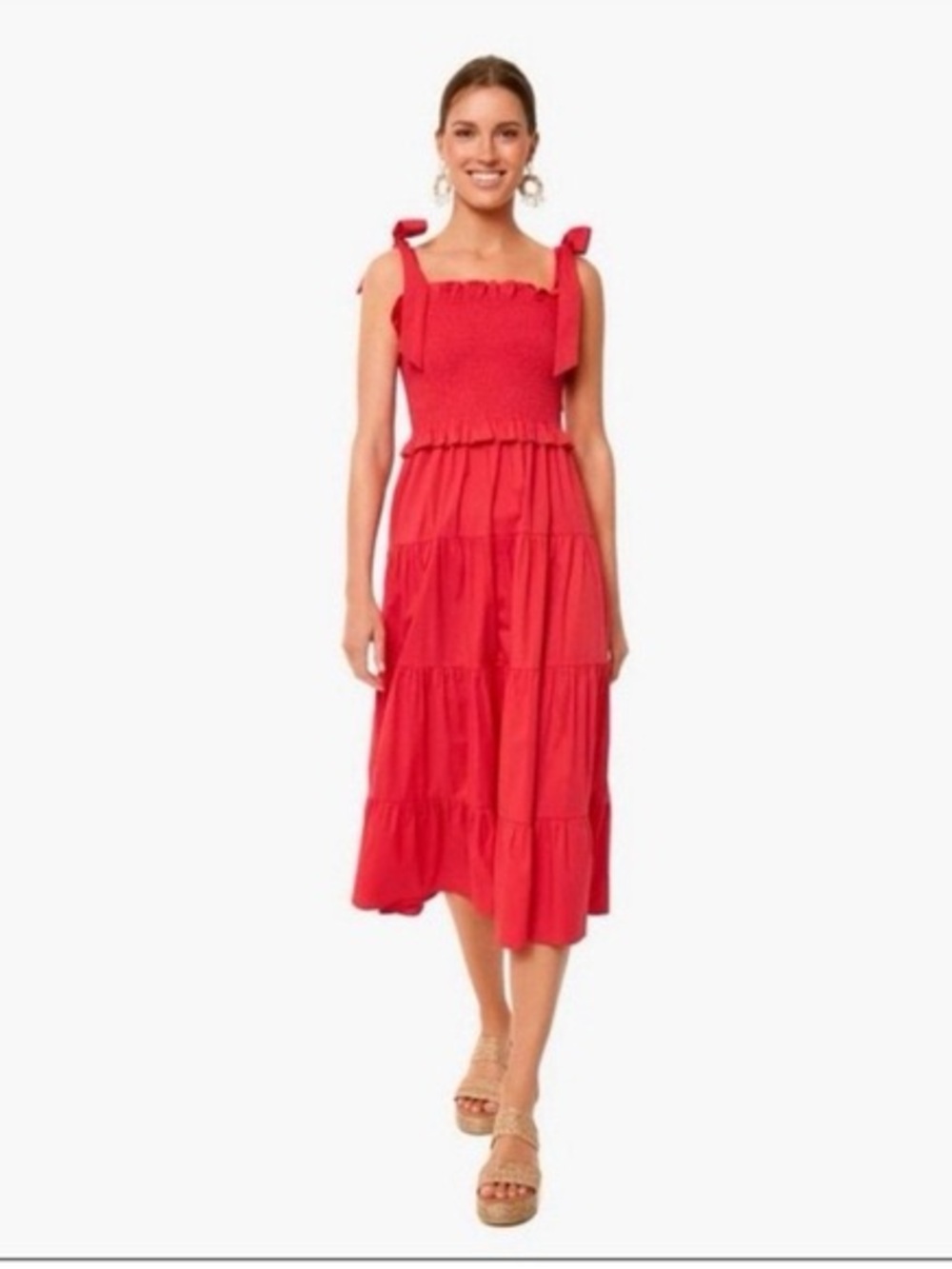 Tuckernuck Red Tiered Midi Dress with Tie Straps
